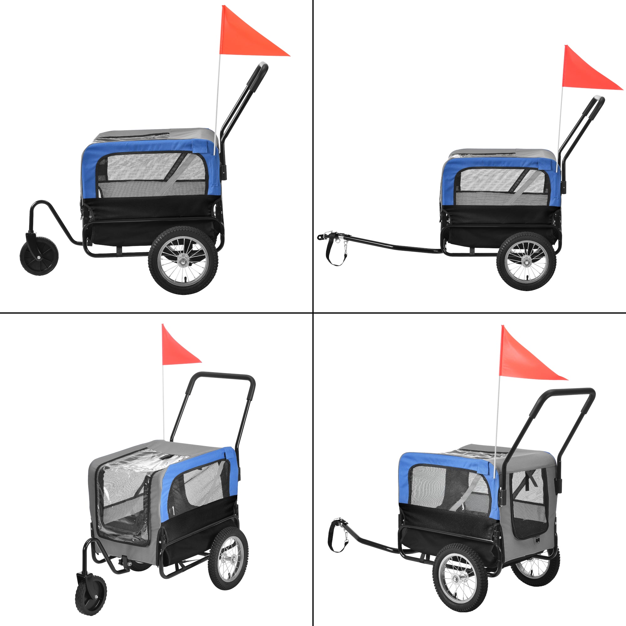 Rimorchio 2in1 per Bicicletta e Passeggiata per Cani e Animali Domestici Fino a 20 kg - Blu-Grigio-Nero pro.tec