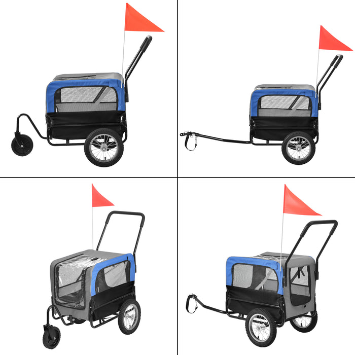 Rimorchio 2in1 per Bicicletta e Passeggiata per Cani e Animali Domestici Fino a 20 kg - Blu-Grigio-Nero pro.tec