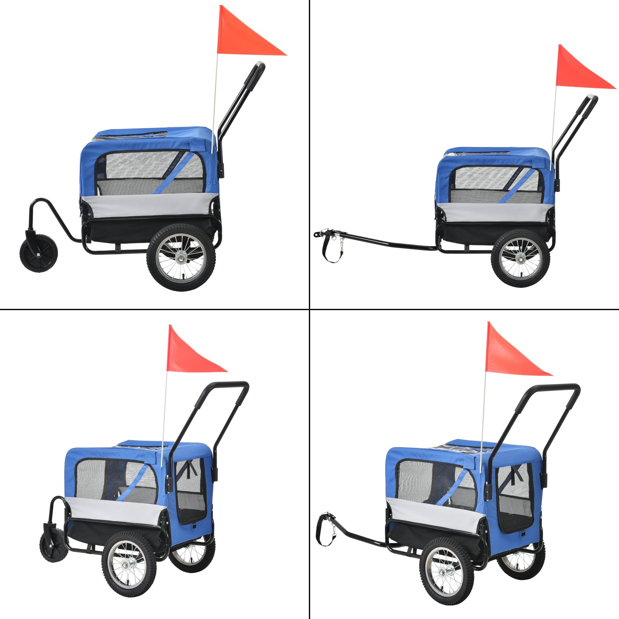 Rimorchio bicicletta per animali cani con catarifrangenti sulle ruote anteriori e barra traino bandiera rossa portata 20 kg 143 x 67 x 96 cm PVC acciaio e poliestere blu grigio nero 03_0005987