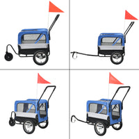 Rimorchio bicicletta per animali cani con catarifrangenti sulle ruote anteriori e barra traino bandiera rossa portata 20 kg 143 x 67 x 96 cm PVC acciaio e poliestere blu grigio nero 03_0005987