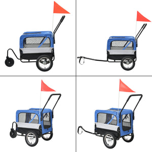 Rimorchio bicicletta per animali cani con catarifrangenti sulle ruote anteriori e barra traino bandiera rossa portata 20 kg 143 x 67 x 96 cm PVC acciaio e poliestere blu grigio nero 03_0005987