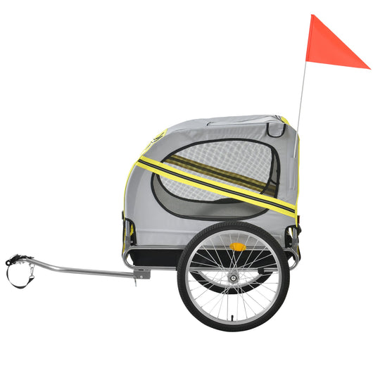 Rimorchio bicicletta per animali cani con catadiottri pneumatici e barra traino bandiera rossa portata 26 kg 138 x 71 x 90 cm PVC acciaio e poliestere giallo grigio nero 03_0005990