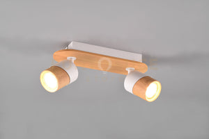 ARUNI BARRA 2 SPOTS ORIENTABILI METALLO BIANCO E LEGNO NATURALE L. 28CM ATTACCO GU10