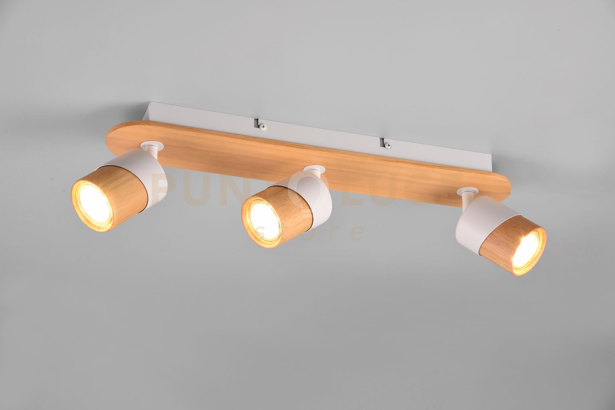 ARUNI BARRA 3 SPOTS ORIENTABILI METALLO BIANCO E LEGNO NATURALE L. 48CM ATTACCO GU10