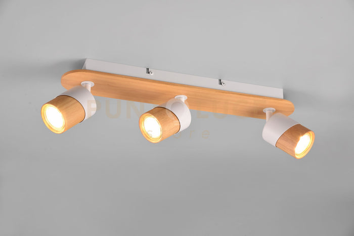 ARUNI BARRA 3 SPOTS ORIENTABILI METALLO BIANCO E LEGNO NATURALE L. 48CM ATTACCO GU10