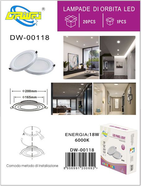 Faretto Pannello Vetro 18W Rotondo Luce Naturale 4000K