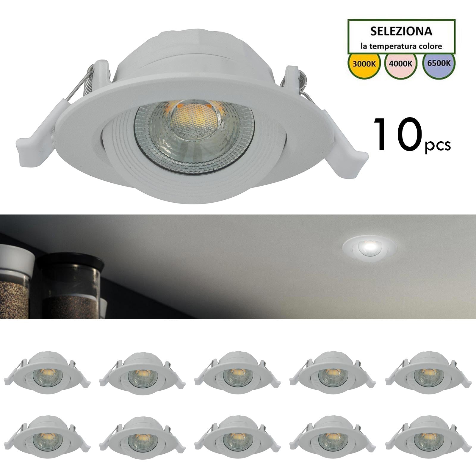 CONFEZIONE DA 10 Faretto incasso tondo slim LED 7W CCT orientabile foro 70mm SPOT 38 gradi luci cappa vetrina negozio BIANCO
