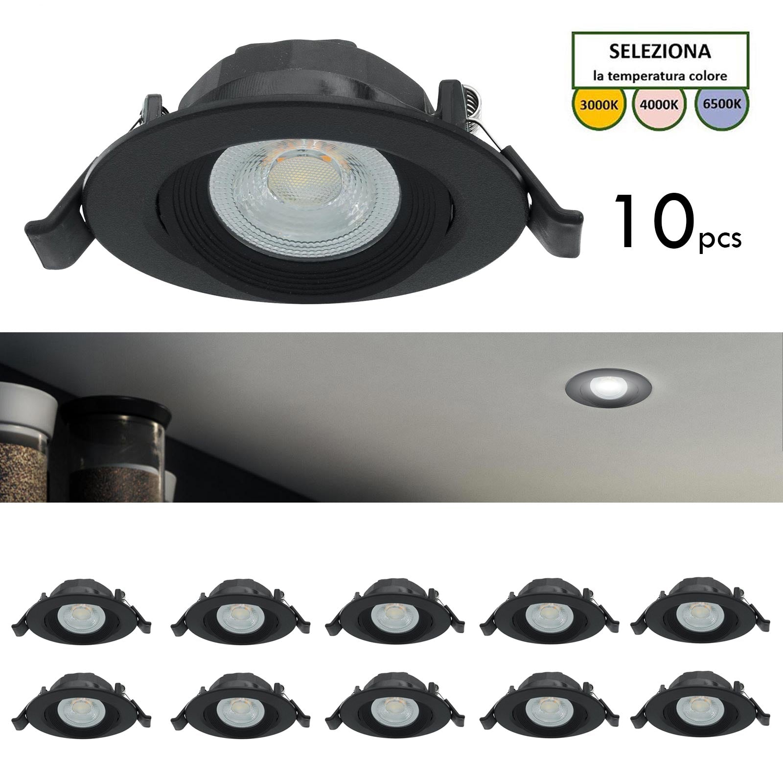 CONFEZIONE DA 10 Faretto incasso tondo slim LED 7W CCT orientabile foro 70mm SPOT 38 gradi luci cappa vetrina negozio NERO