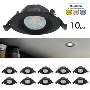 CONFEZIONE DA 10 Faretto incasso tondo slim LED 7W CCT orientabile foro 70mm SPOT 38 gradi luci cappa vetrina negozio NERO