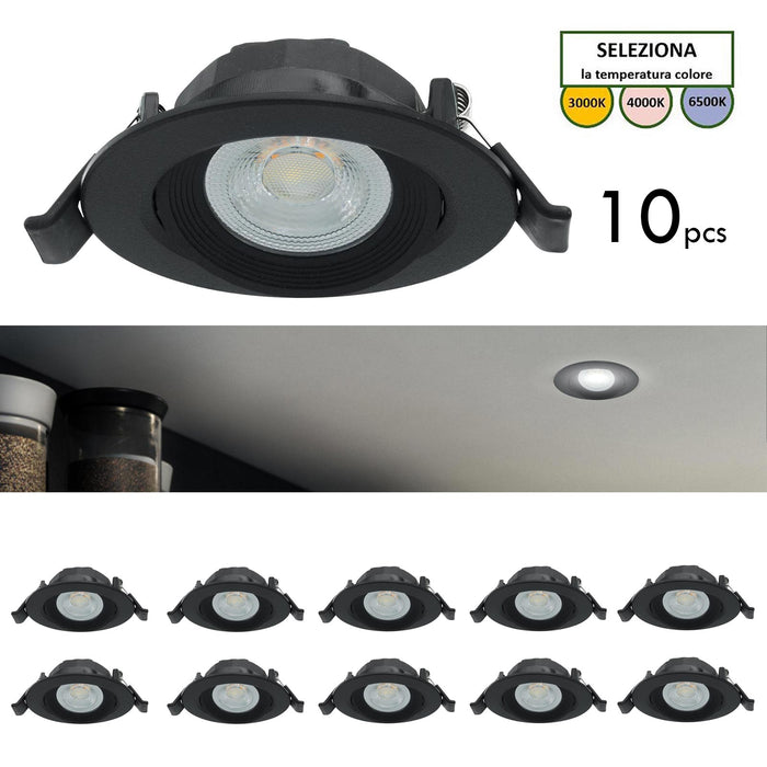 CONFEZIONE DA 10 Faretto incasso tondo slim LED 7W CCT orientabile foro 70mm SPOT 38 gradi luci cappa vetrina negozio NERO