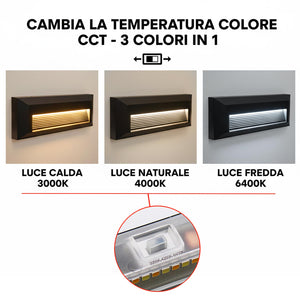 Faretto segnapassi rettangolare slim LED 6W CCT per esterni IP65 luce regolabile 3000K-6000K giardino parete muro 230V COLORE NERO
