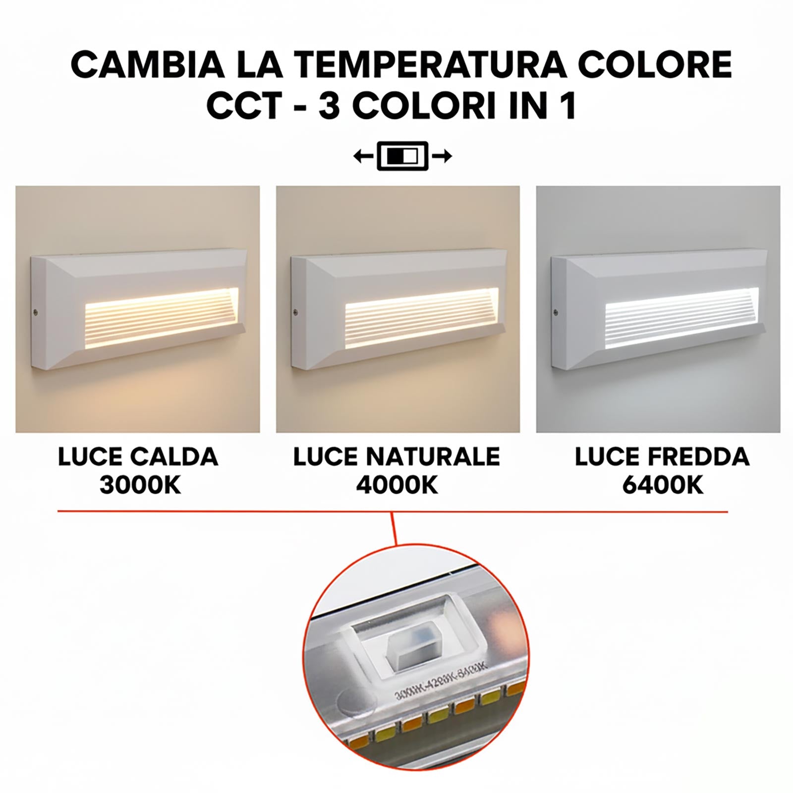 Faretto segnapassi rettangolare slim LED 6W CCT per esterni IP65 luce regolabile 3000K-6000K giardino parete muro 230V COLORE BIANCO