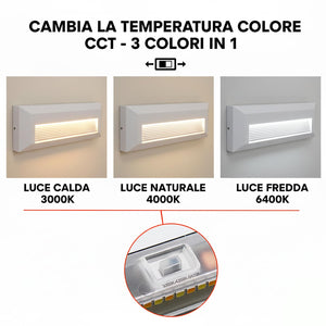 Faretto segnapassi rettangolare slim LED 6W CCT per esterni IP65 luce regolabile 3000K-6000K giardino parete muro 230V COLORE BIANCO