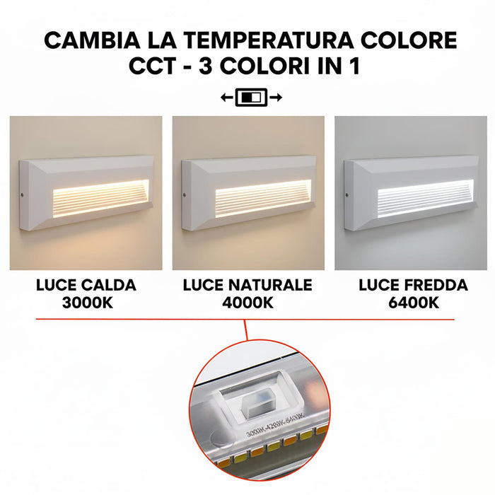 Faretto segnapassi rettangolare slim LED 6W CCT per esterni IP65 luce regolabile 3000K-6000K giardino parete muro 230V COLORE BIANCO
