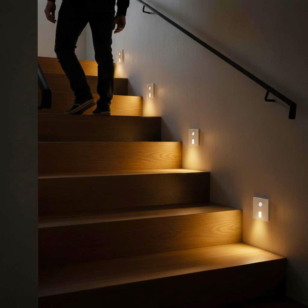 Faretto segnapassi luce LED da incasso con sensore movimento PIR potenza regolabile 4W 2W scale corridoio Quadrato Bianco 230V