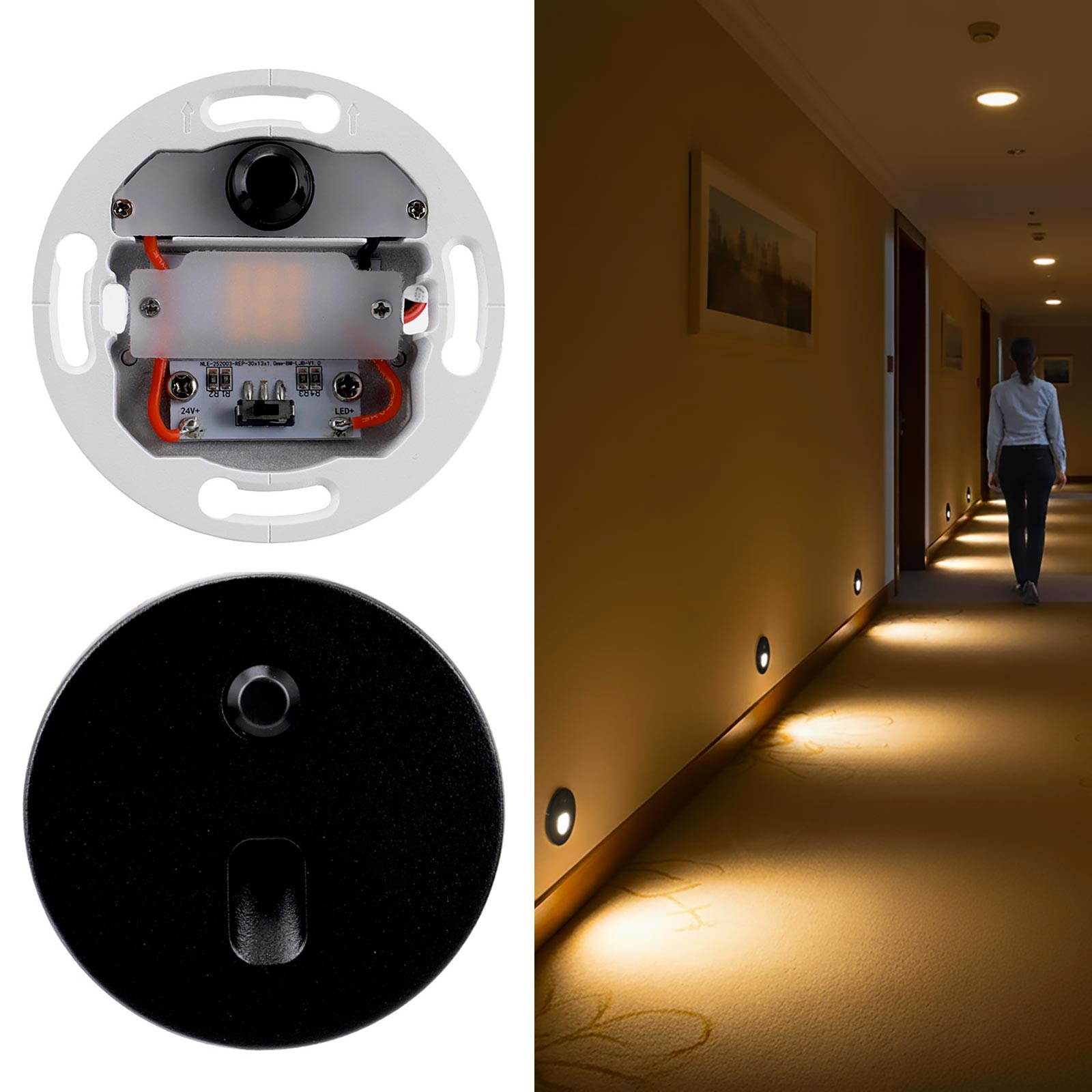 Faretto segnapassi luce LED da incasso con sensore movimento PIR potenza regolabile 4W 2W scale corridoio Tondo Nero 230V
