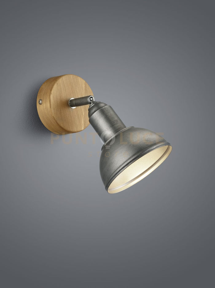 DELHI SPOT SINGOLO CUPOLA METALLO ACCIAIO ANTICO E LEGNO P. 20,5CM 1 LUCE ATTACCO ATTACCO E14