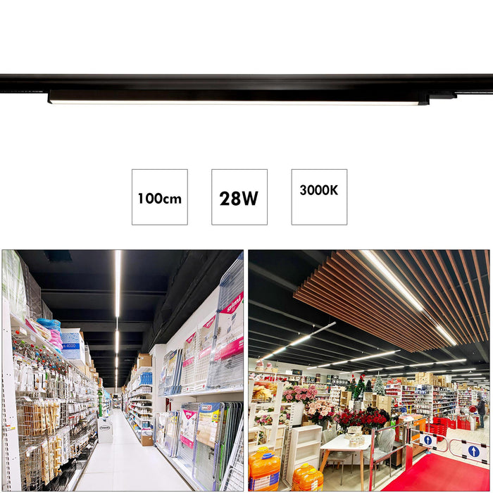 Barra LED faretto track binario trifase 28W alluminio nero bianco luce lineare negozio ufficio abitazione moderna 100cm NERO 3000K