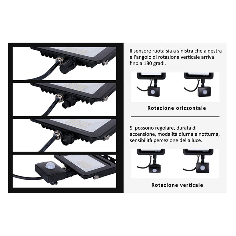 Faro Led Flood Light Slim 20W IP65 Bianco Neutro Carcassa Nera Sensore PIR Opzionale CL1918
