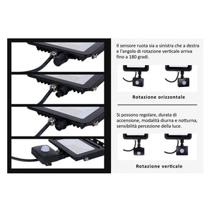 Faro Led Flood Light Slim 20W IP65 Bianco Neutro Carcassa Nera Sensore PIR Opzionale CL1918