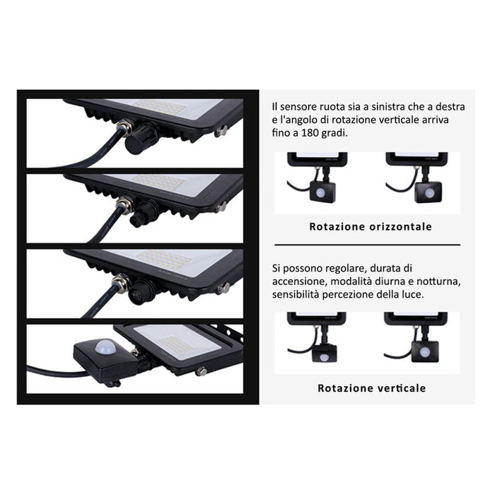 Faro Led Flood Light Slim 20W IP65 Bianco Neutro Carcassa Nera Sensore PIR Opzionale CL1918