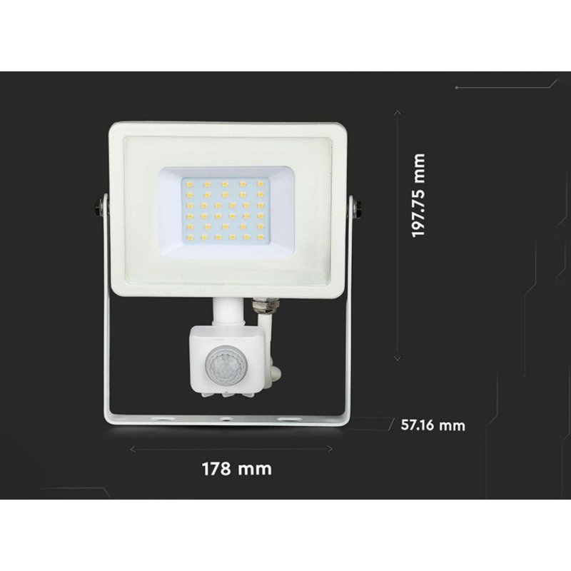 Faro Led Flood Light Slim 30W IP65 Neutro 4000K Carcassa Bianca con Sensore PIR di Movimento e Crepuscolare Chip Samsung SKU-458
