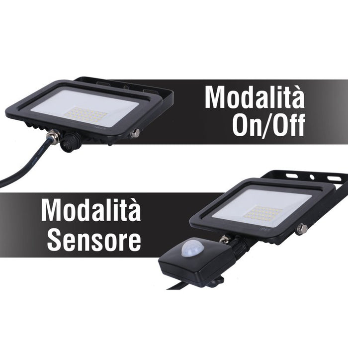 Faro Led Flood Light Slim 50W IP65 Bianco Neutro Carcassa Nera Sensore PIR Opzionale CL1918