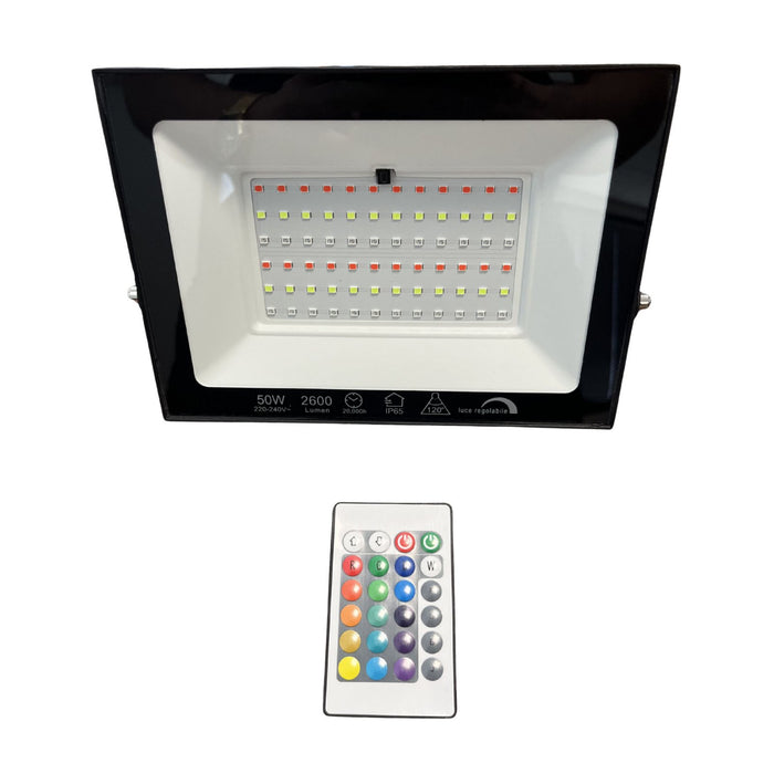 Faro Led Flood Slim RGB Con Telecomando 50W 2600 Lumen RGB AC 220V 50Hz Nero IP65