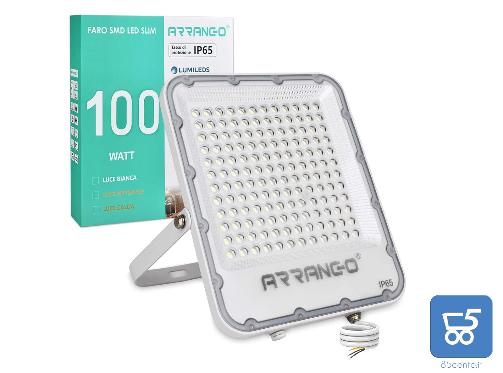 Faro SMD LED Slim IP65 Chip LUMILEDS 100 Watt Luce Bianca Calda 10000 Lumen