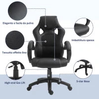 Sedia da Gaming ad Altezza Regolabile, Sedia da Ufficio con Funzione a Dondolo, Girevole e Reclinabile, 71x61x108-118 cm, Nera