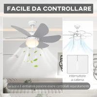Ventilatore a Soffitto con Luce LED e Interruttore a Catena, in MDF e Acrilico, Ø76x41.5 cm, Grigio e Bianco