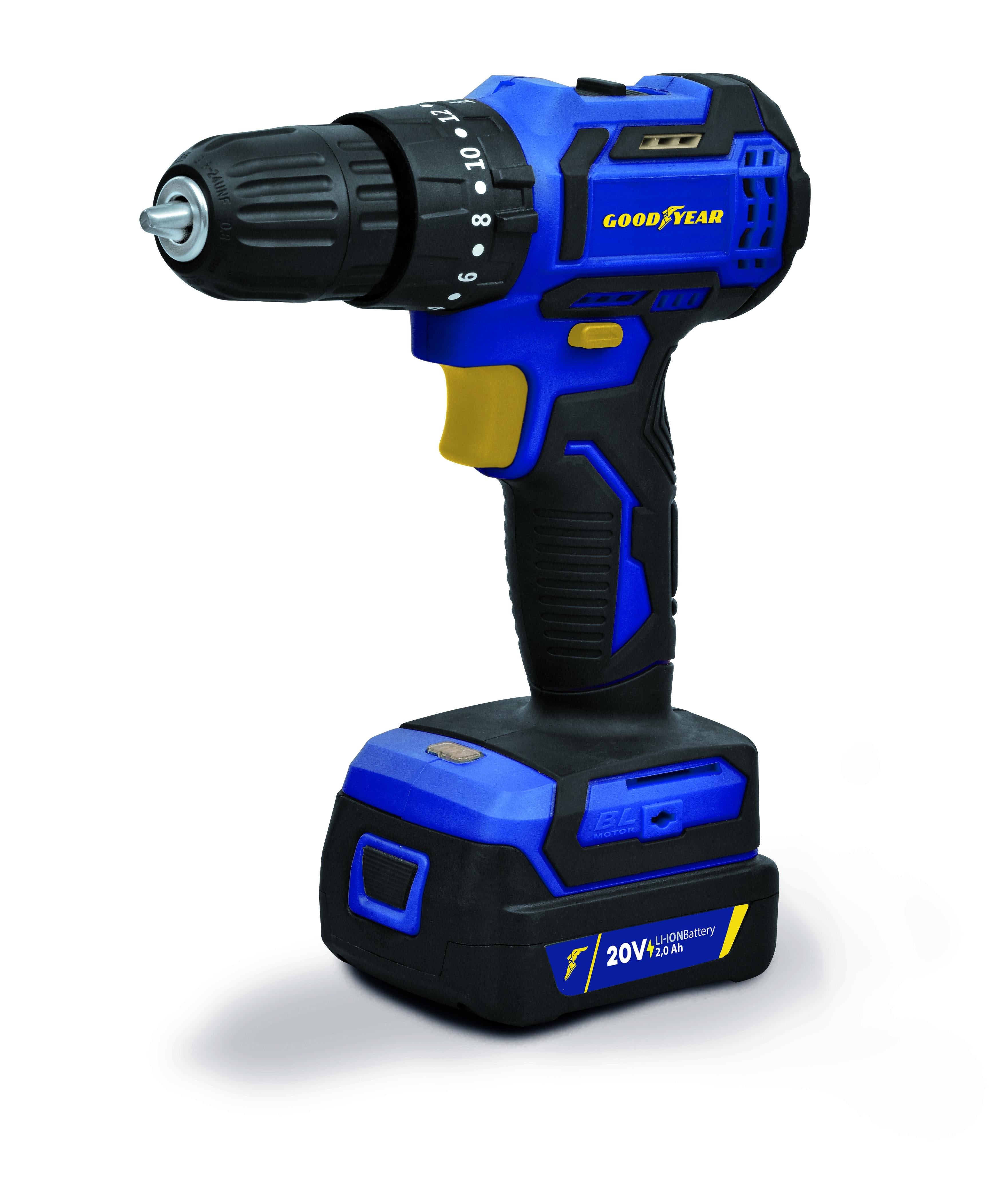 Cacciavite trapano martello con batteria al litio 20V.2 v 400/1300 g/m. Set di 7 punte e caricabatterie inclusi Goodyear 