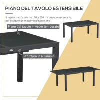Set da Giardino con Tavolo Allungabile in Vetro e 6 Sedie con Seduta Traspirante, Grigio Scuro