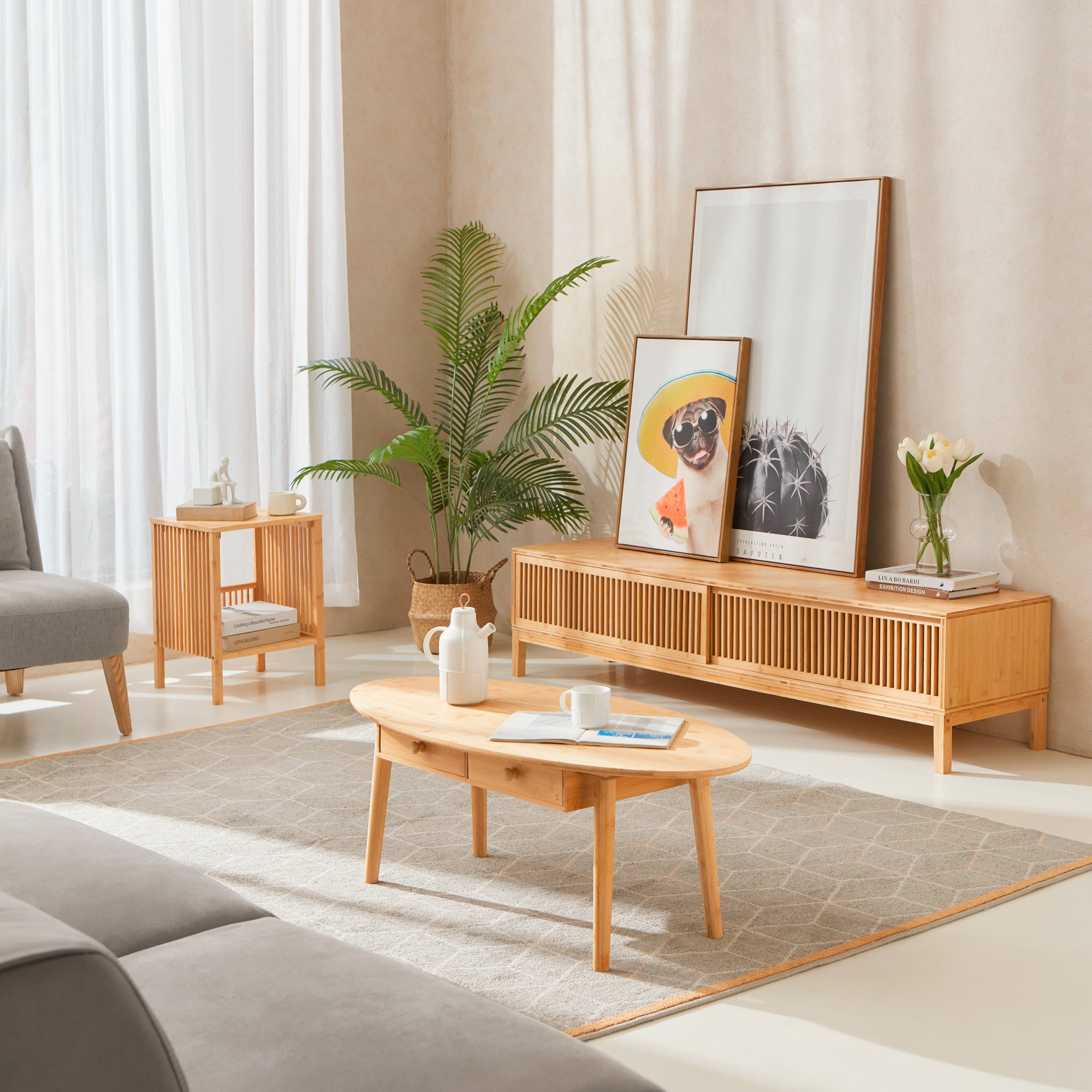 Mobile Porta TV Videbæk in Bambù con 2 Ante Scorrevoli 160 x 40 x 38 cm [en.casa]