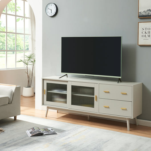 Mobile Porta TV Susa con Cassetti e Ante Scorrevoli in Vetro Scanalato 160x40x65 cm Beige [en.casa]