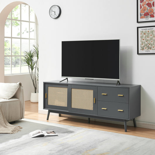 Mobile Porta TV Susa con Cassetti e Ante Scorrevoli in Polyrattan 160x40x65 cm Grigio [en.casa]