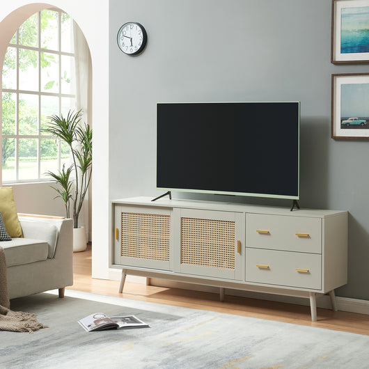 Mobile Porta TV Susa con Cassetti e Ante Scorrevoli in Polyrattan 160x40x65 cm Beige [en.casa]