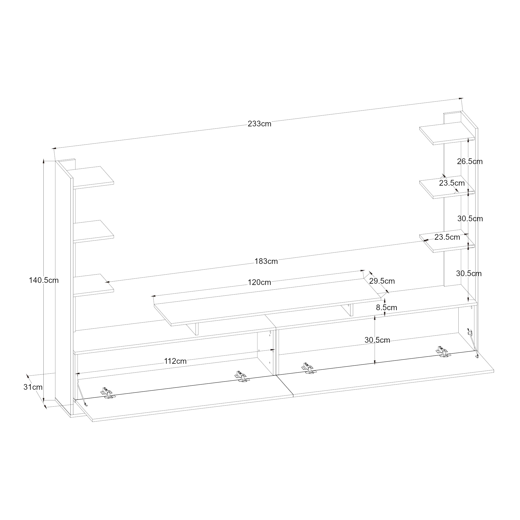 Mobile TV Rauki con Ripiani Laterali e Ante a Ribalta - Bianco/Effetto Rovere [en.casa]