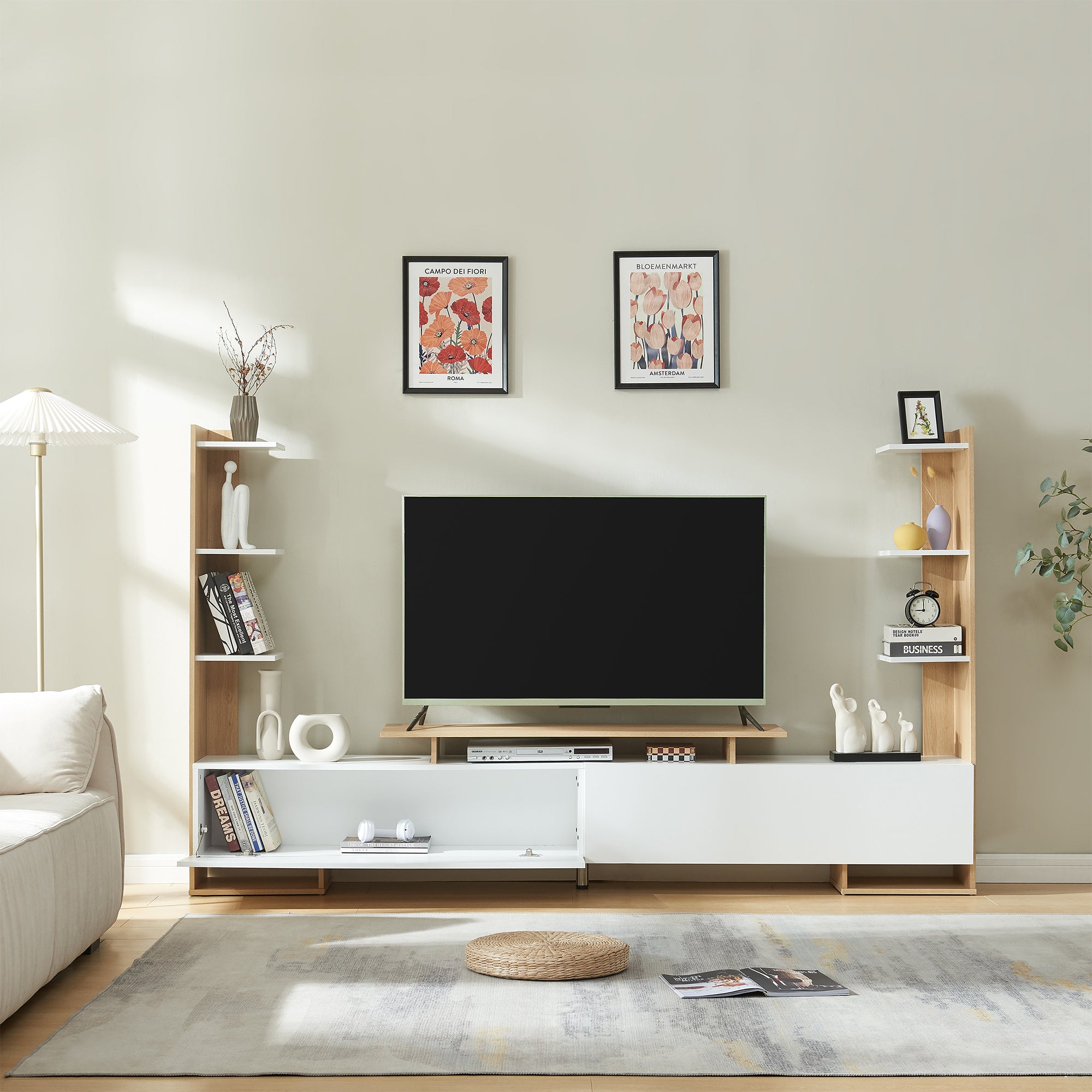 Mobile TV Rauki con Ripiani Laterali e Ante a Ribalta - Bianco/Effetto Rovere [en.casa]