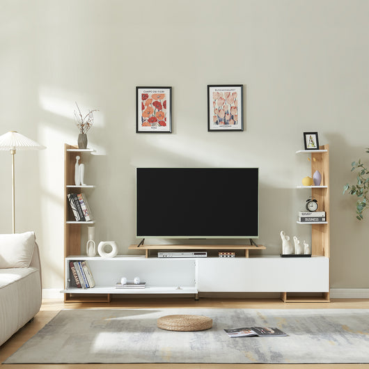 Mobile TV Rauki con Ripiani Laterali e Ante a Ribalta - Bianco/Effetto Rovere [en.casa]