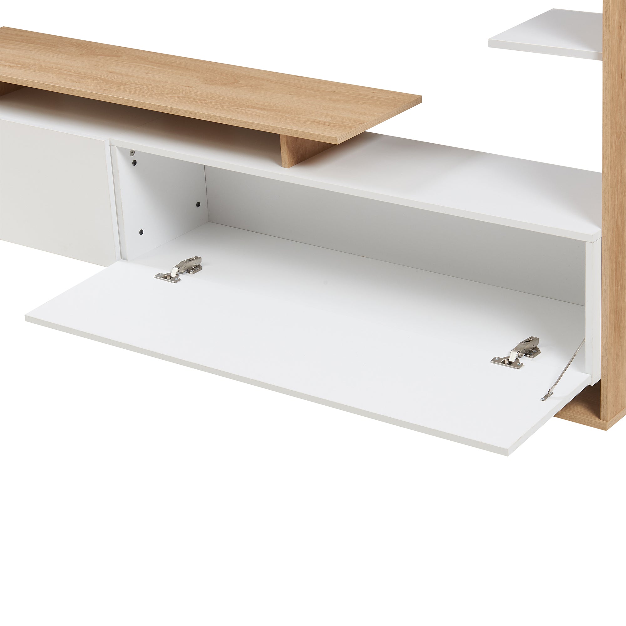 Mobile TV Rauki con Ripiani Laterali e Ante a Ribalta - Bianco/Effetto Rovere [en.casa]