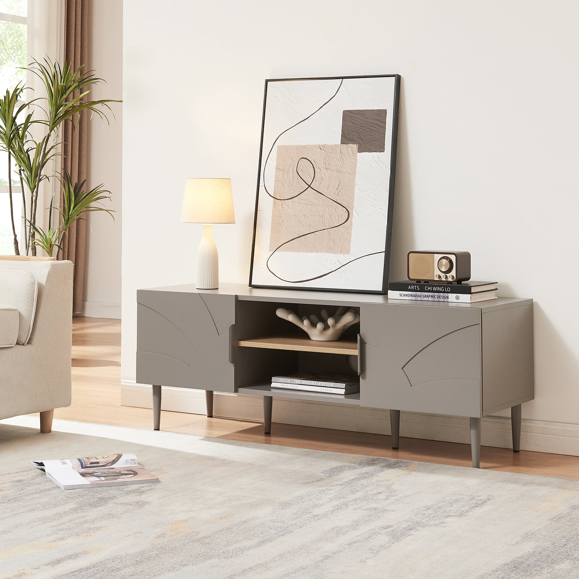 Mobile TV Starvili con Ante e Scomparti Aperti 120x40x45 cm Grigio [en.casa]