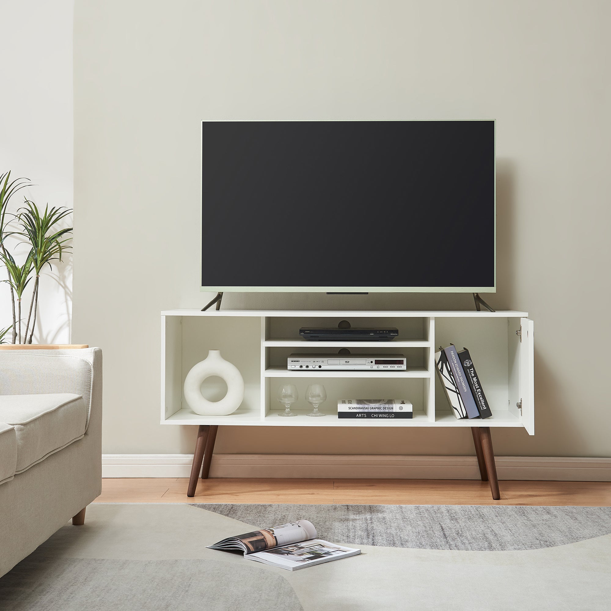 Mobile TV Vare con Anta e Scomparti Aperti 130 x 40 x 66 cm - Bianco [en.casa]