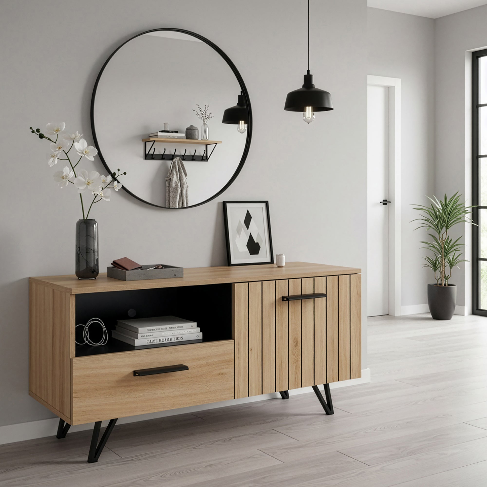 Mobile Porta TV Noppen ad Anta con Cassetto 100 x 38 x 49 cm - Effetto Rovere [en.casa]