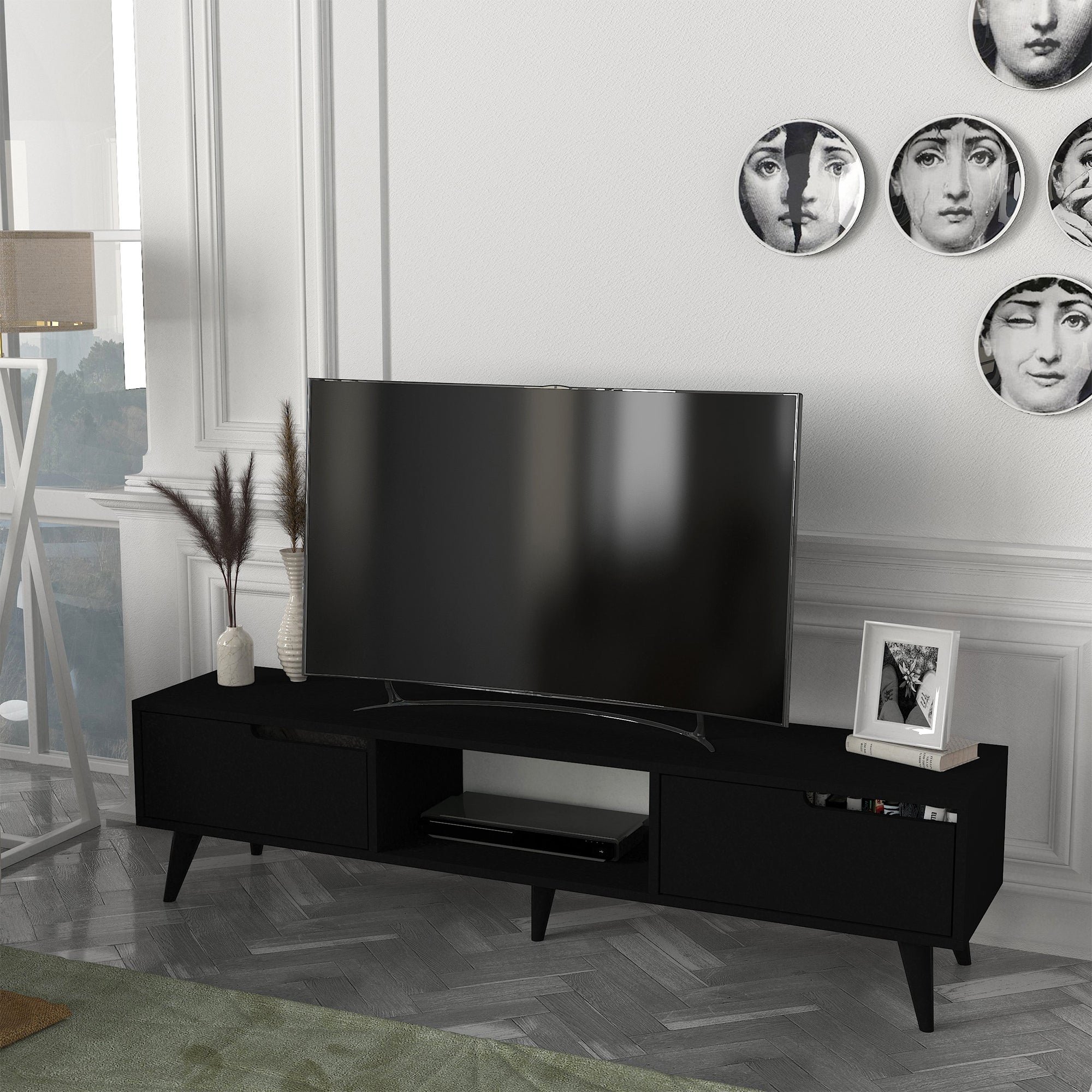 Mobile TV Kullila con Vano Centrale Aperto e Ante a Ribalta - Nero [en.casa]