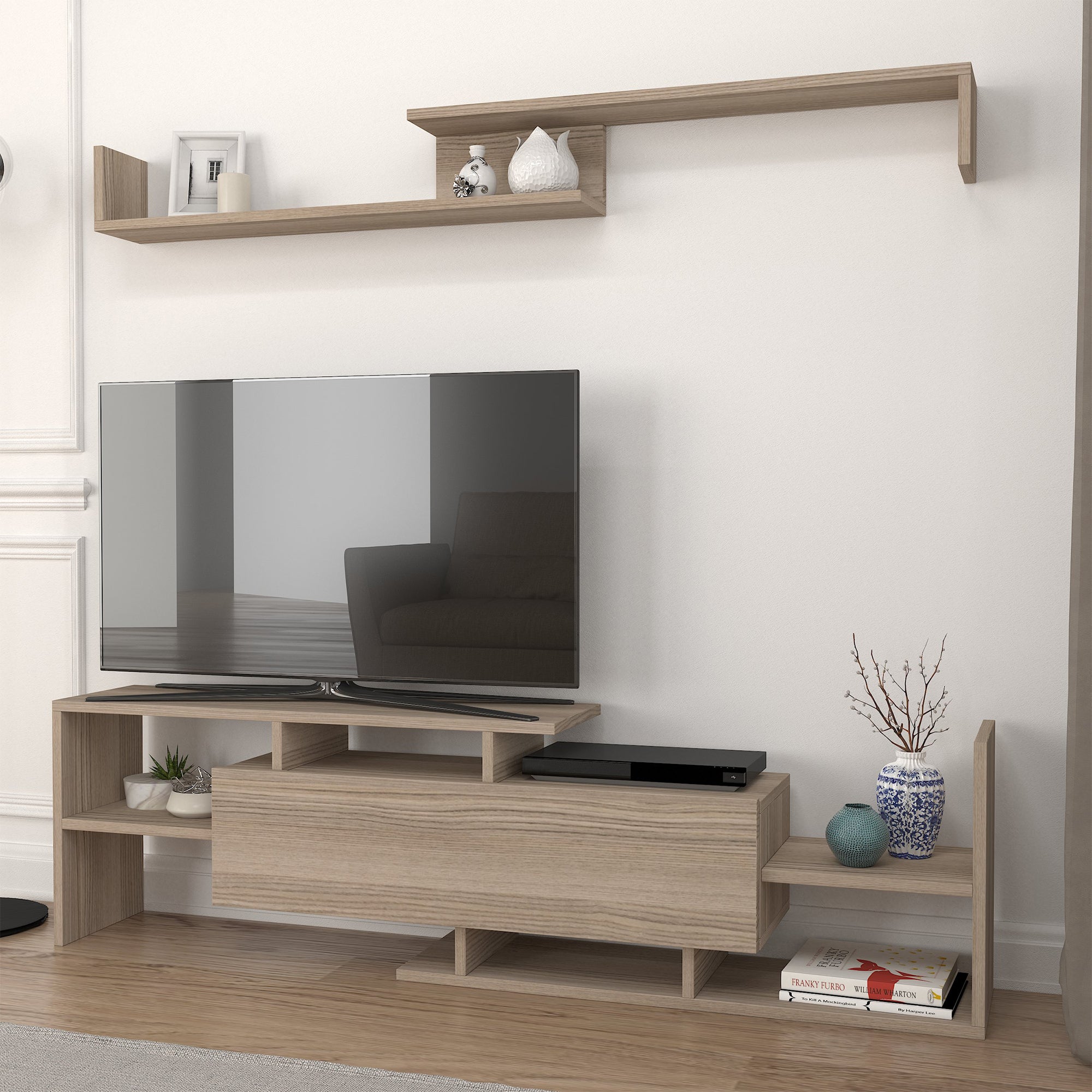 Set Liksefte di Mobile Porta TV e Mensola da Parete - Effetto Rovere [en.casa]