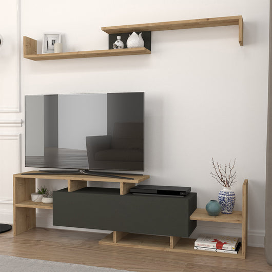 Set Liksefte di Mobile Porta TV e Mensola da Parete - Effetto Rovere Zaffiro / Nero [en.casa]