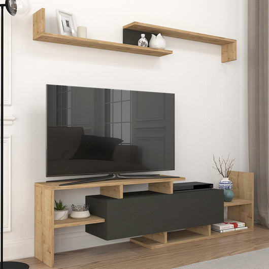 Set Liksefte di Mobile Porta TV e Mensola da Parete - Effetto Rovere Zaffiro / Nero [en.casa]