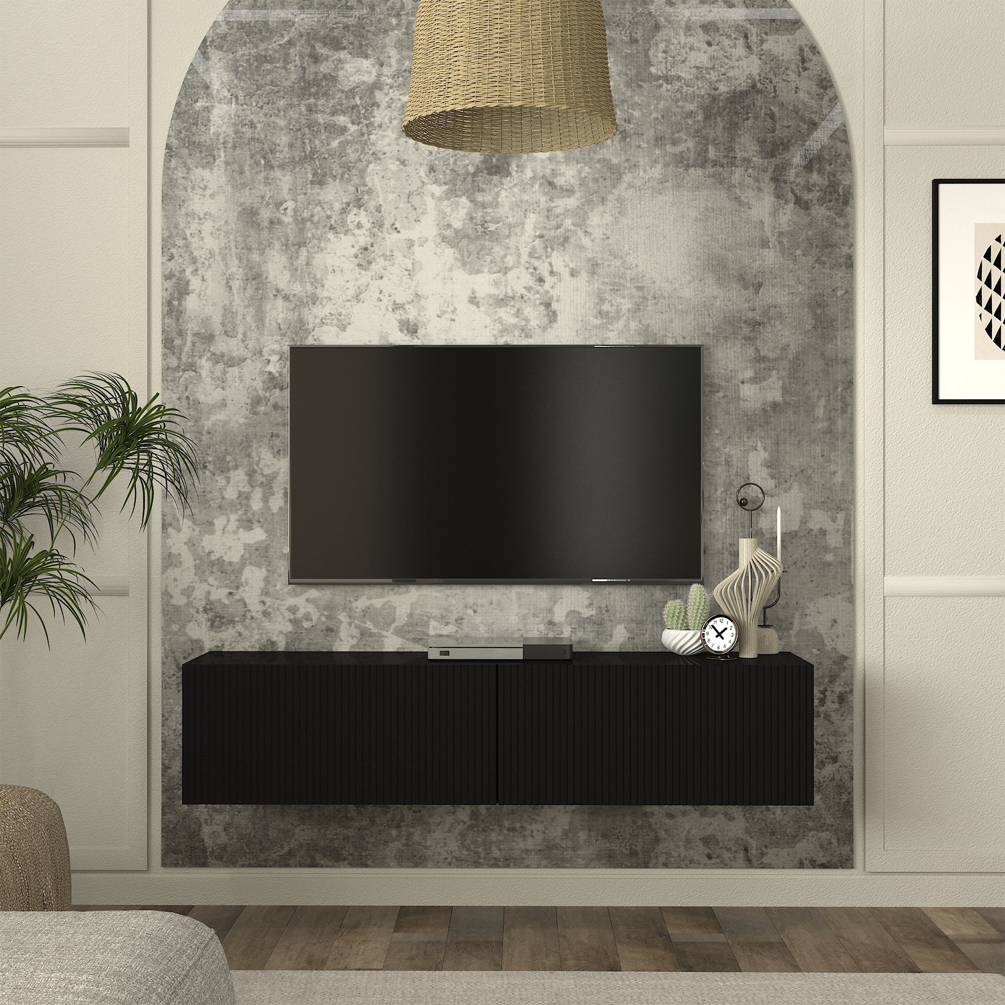 Mobile Porta TV da Parete Verpsboga con 2 Ante Decorative 135 x 32 x 30 cm - Nero [en.casa]