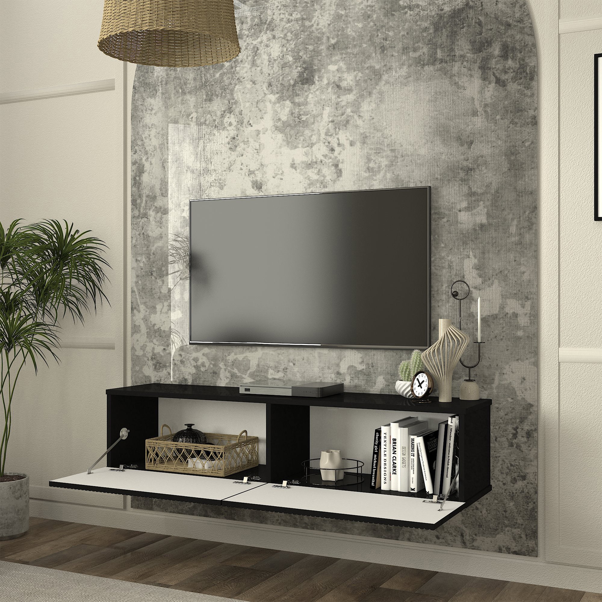 Mobile Porta TV da Parete Verpsboga con 2 Ante Decorative 135 x 32 x 30 cm - Nero [en.casa]
